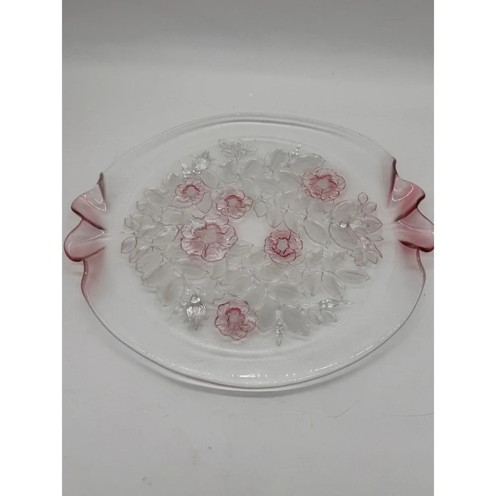 Vintage Rosella Glass Cake Plate Pink Floral Ruffled Edge West Germany 15x14